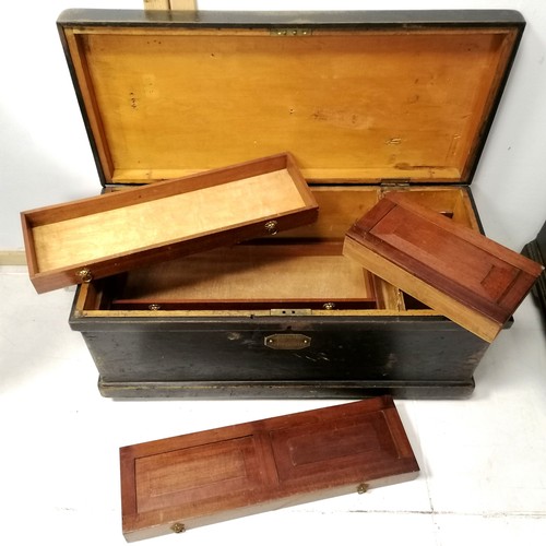 284 - Antique pine painted tool chest with mahogany sliding drawers and box. Has makers brass plate 83cm x... 