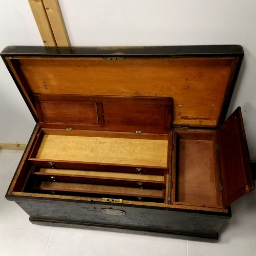 284 - Antique pine painted tool chest with mahogany sliding drawers and box. Has makers brass plate 83cm x... 