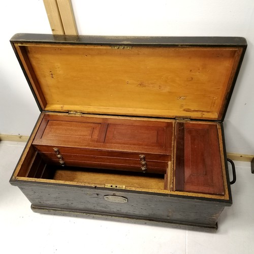 284 - Antique pine painted tool chest with mahogany sliding drawers and box. Has makers brass plate 83cm x... 