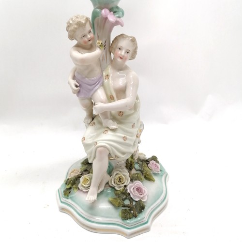 285 - Continental marked porcelain 2 part figural candelabrum with encrusted flower decoration 48cm high- ... 