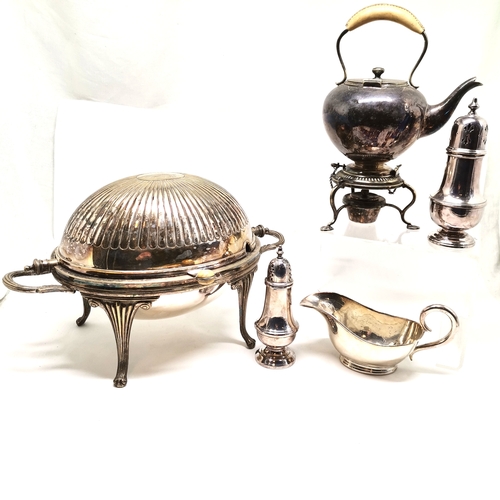 287 - Antique plated revolving dish, cruet, small spirit kettle etc.