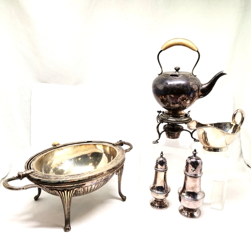 287 - Antique plated revolving dish, cruet, small spirit kettle etc.