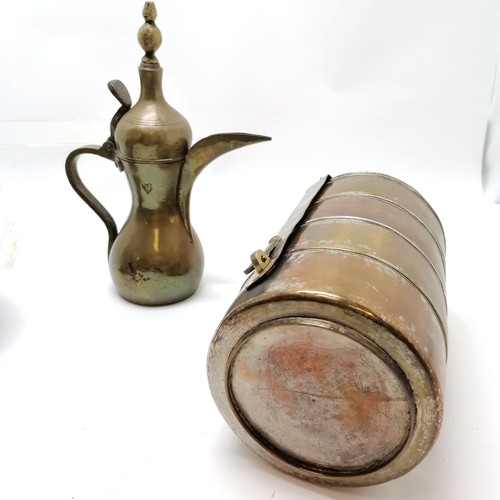 297 - Collection of Syrian brass and copper jugs and a food carrier tallest  36cm high