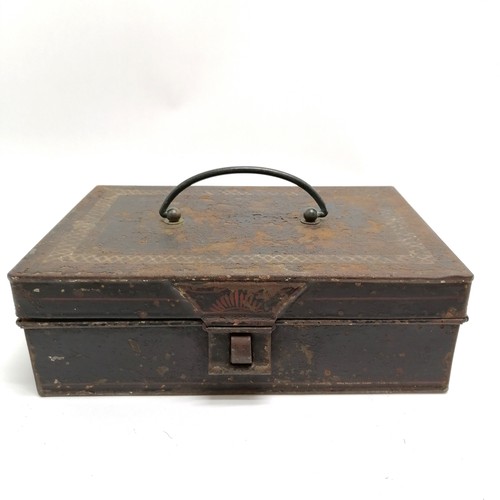 302 - Antique rectangular lidded japanned spice tin 24cm x 16cm x 8cm high. Has paint losses