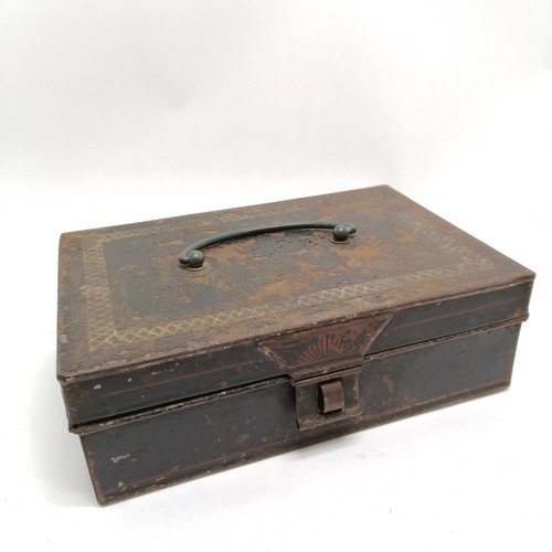 302 - Antique rectangular lidded japanned spice tin 24cm x 16cm x 8cm high. Has paint losses