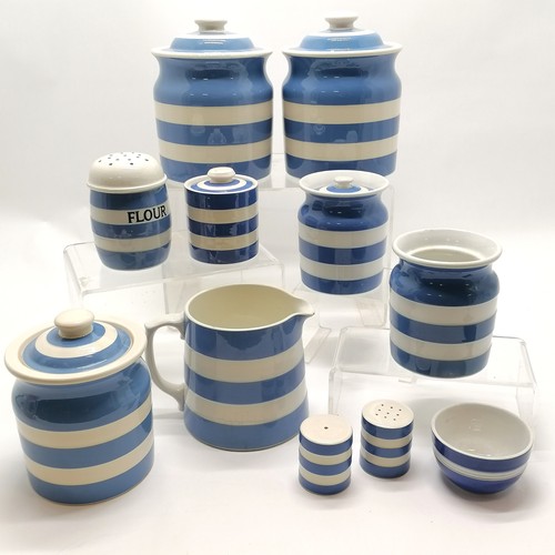 305 - Qty of T G Green blue & white striped Cornishware - large storage jar (20cm), flour caster, jam pot,... 