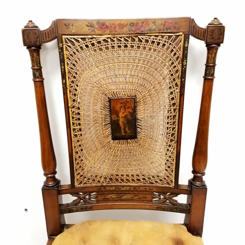 339 - Sheraton revival satinwood Bergère and hand painted bedroom chair, with a cherub painted panel to ba... 