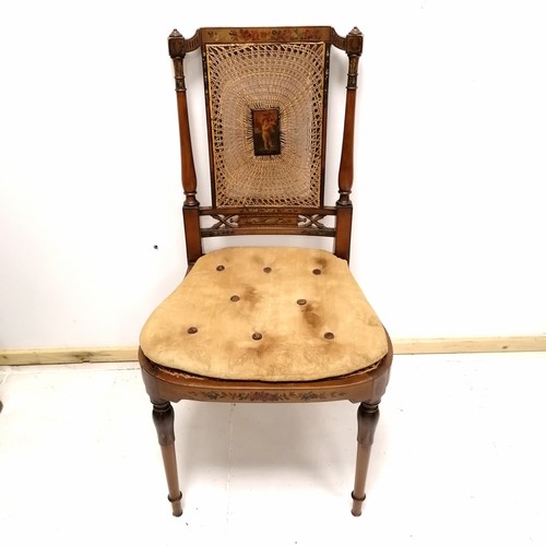 339 - Sheraton revival satinwood Bergère and hand painted bedroom chair, with a cherub painted panel to ba... 