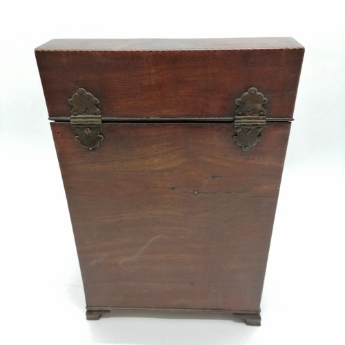 347 - Antique mahogany knife box with original fittings with flame mahogany veneers and star detail to lid... 