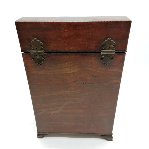 347 - Antique mahogany knife box with original fittings with flame mahogany veneers and star detail to lid... 