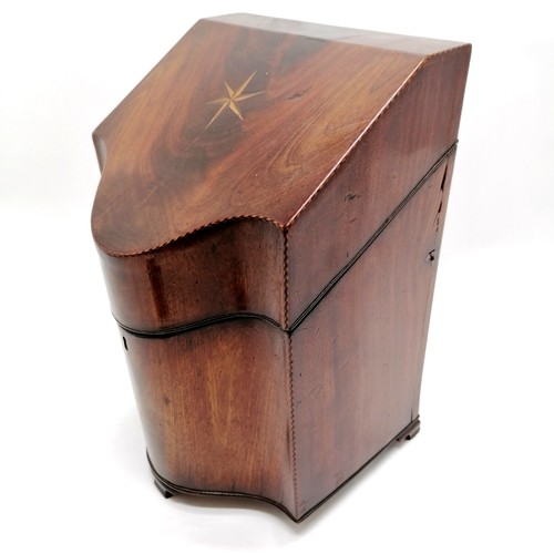 347 - Antique mahogany knife box with original fittings with flame mahogany veneers and star detail to lid... 