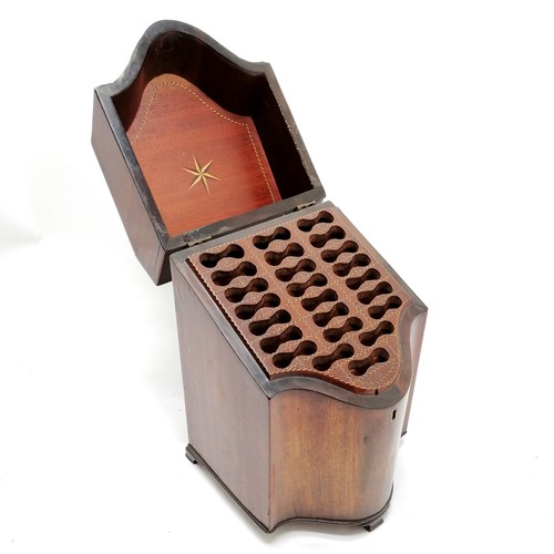 347 - Antique mahogany knife box with original fittings with flame mahogany veneers and star detail to lid... 