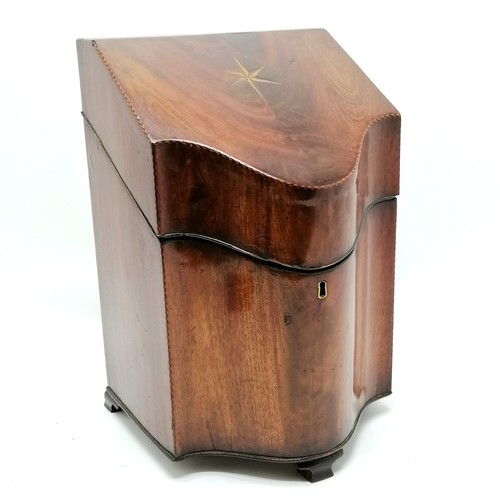 347 - Antique mahogany knife box with original fittings with flame mahogany veneers and star detail to lid... 