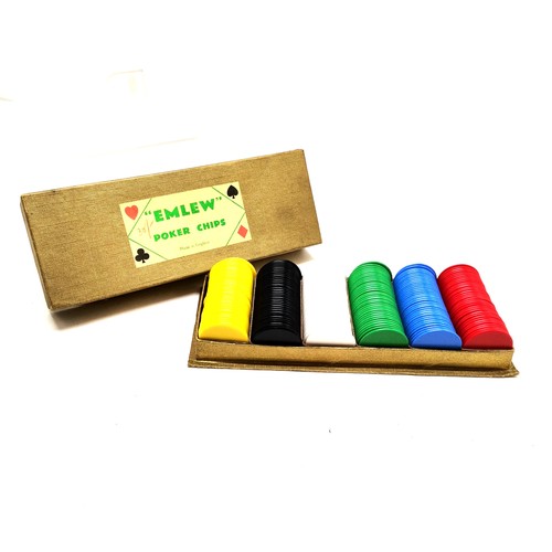 349 - Emlew original boxed poker chips (24cm x 8.5cm x 4cm) t/w antique rubicon bezique / piquet crocodile... 