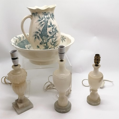 350 - Antique Copeland jug (a/f) & basin (38cm) t/w 3 x alabaster lamps (tallest 37cm)