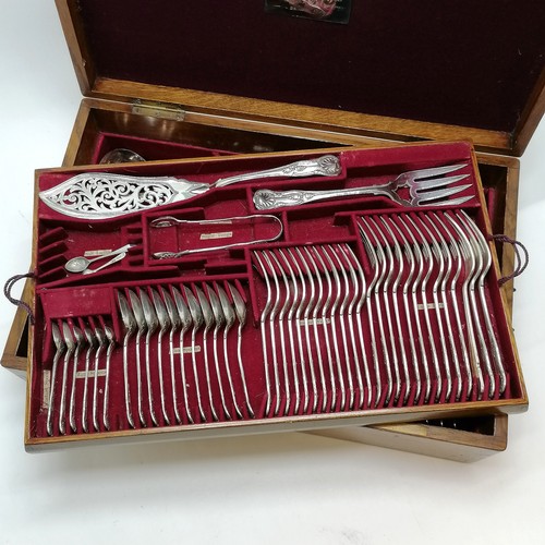 351 - 12 place setting silver plated canteen of kings pattern cutlery in original oak fitted box with bras... 