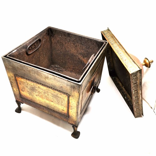 353 - Antique anodised brass coal bin with metal liner (a/f) - 42cm high x 32cm square