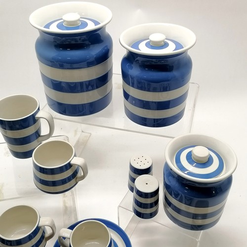 357 - Qty of T G Green cornishware blue & white inc 3 storage jars (tallest 18cm), 6 cups / saucers (1 cup... 