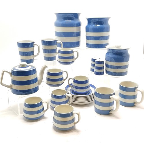 357 - Qty of T G Green cornishware blue & white inc 3 storage jars (tallest 18cm), 6 cups / saucers (1 cup... 