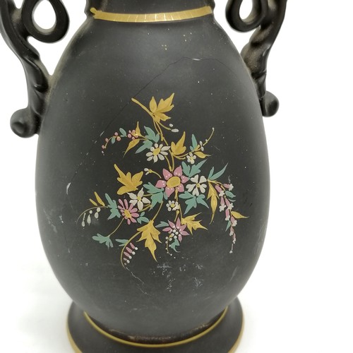 358 - Pair of antique mantle vases with portrait cartouches to centres on a black ground  with gilded deco... 