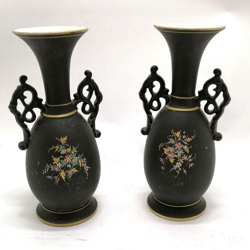 358 - Pair of antique mantle vases with portrait cartouches to centres on a black ground  with gilded deco... 