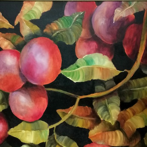 364 - 2002 large framed oil on canvas painting 'Fruits of the Harvest' by Evelyn Dillon - 117cm x 97cm