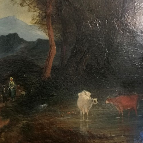 368 - Antique framed oil painting on canvas of a pastoral scene with cattle to foreground (indistinctly si... 