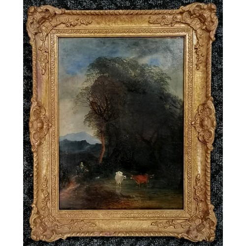 368 - Antique framed oil painting on canvas of a pastoral scene with cattle to foreground (indistinctly si... 