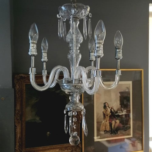 373 - 5 branch cut glass and chrome chandelier 80cm drop x 36cm across.