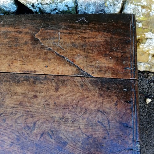 379 - Antique oak coffer 142cm long, 56 cm deep x 72cm high. Split to the lid some old signs of worm to th... 