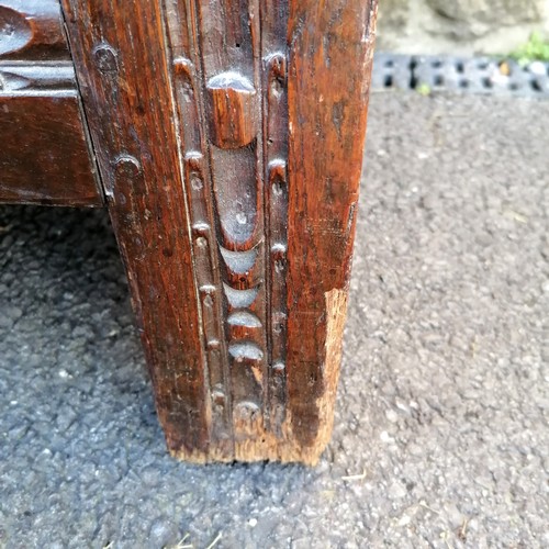 379 - Antique oak coffer 142cm long, 56 cm deep x 72cm high. Split to the lid some old signs of worm to th... 