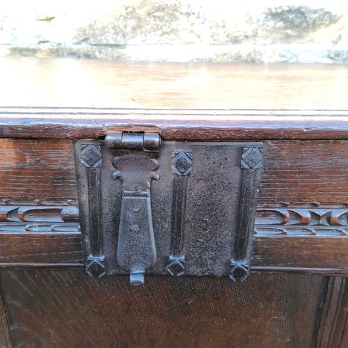 379 - Antique oak coffer 142cm long, 56 cm deep x 72cm high. Split to the lid some old signs of worm to th... 