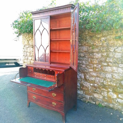 382 - Antique mahogany bureau bookcase with top drawer pulling out to reveal bureau has original key and i... 