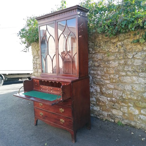 382 - Antique mahogany bureau bookcase with top drawer pulling out to reveal bureau has original key and i... 