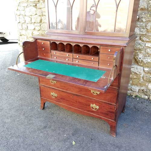 382 - Antique mahogany bureau bookcase with top drawer pulling out to reveal bureau has original key and i... 