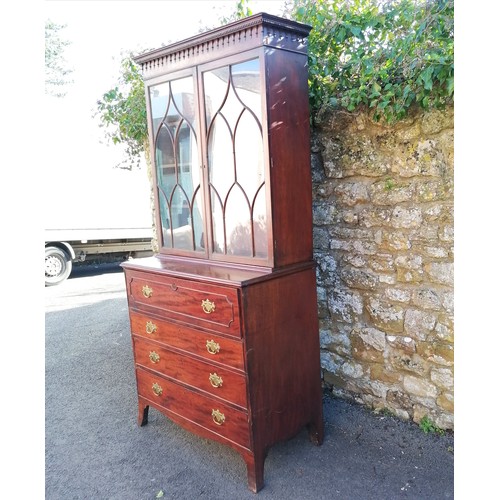 382 - Antique mahogany bureau bookcase with top drawer pulling out to reveal bureau has original key and i... 