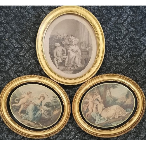 392 - 3 x antique gilt oval framed prints - 2 of classical scenes of cupid & 1 after Bartolozzi (34cm x 29... 