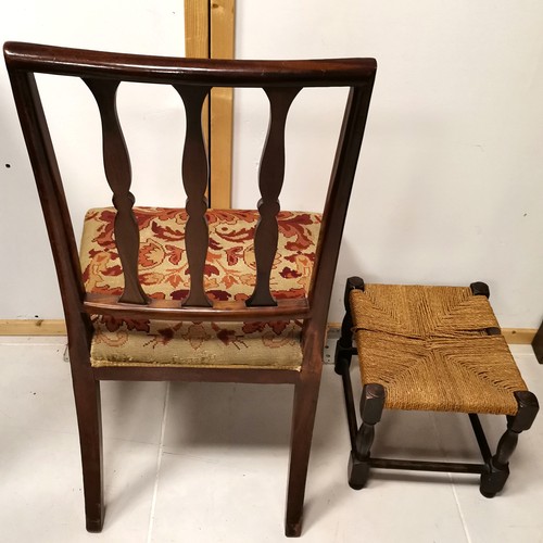 394 - Antique mahogany chair T/W a rush seated small  stool