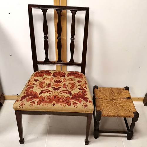 394 - Antique mahogany chair T/W a rush seated small  stool