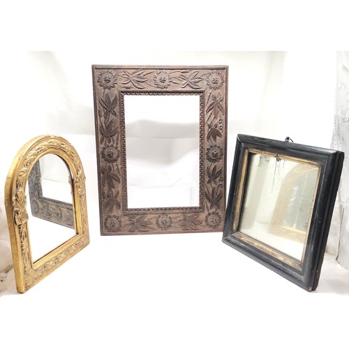 407 - Antique carved oak frame - 50cm x 38cm, antique ebonised square mirror (31cm & has small loss) t/w c... 