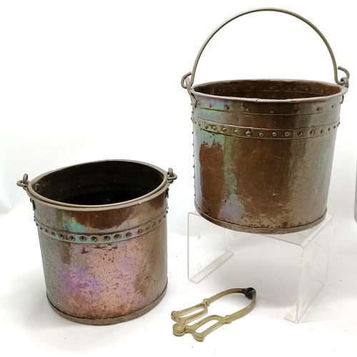 411 - Matched pair of antique copper coal / log buckets with river detail and swing handles - largest 34cm... 