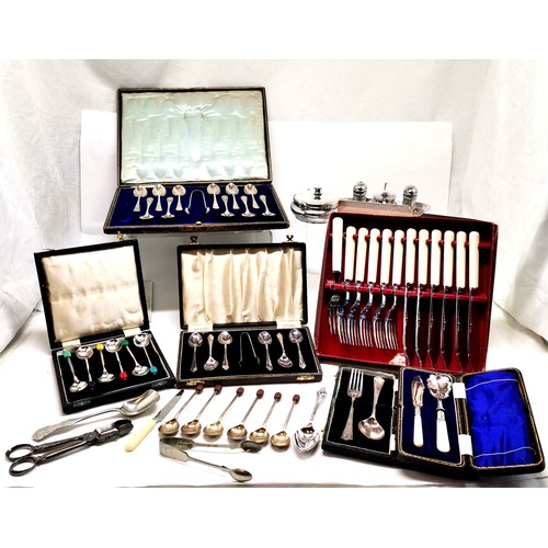 412 - Qty of plated ware inc cased cutlery, harlequin coffee bean spoons, largest set lacks 1 spoon t/w 4 ... 