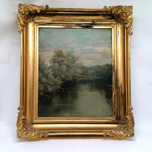 416 - Gilt framed oil painting on panel of a view on the river Nore near Ballyduff by Hon Mrs Shore - 47cm... 