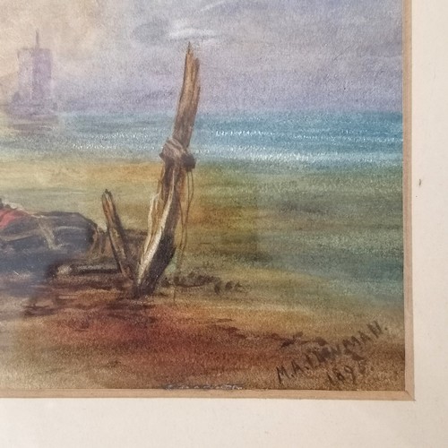 425 - Framed 1895 watercolour painting of a harbour scene by M A Lawman after Copley Fielding - frame 54cm... 