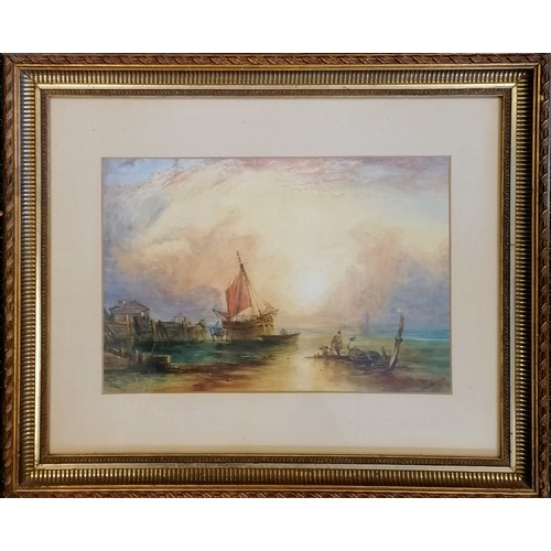 425 - Framed 1895 watercolour painting of a harbour scene by M A Lawman after Copley Fielding - frame 54cm... 