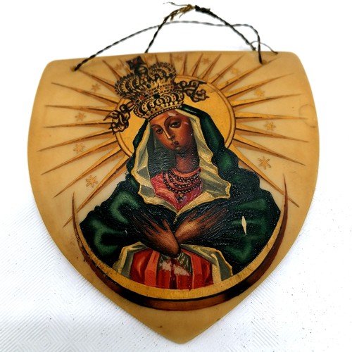 432 - An Antique Polish celluloid plaque depicting Mary with large crown, in original case  A/F bearing th... 