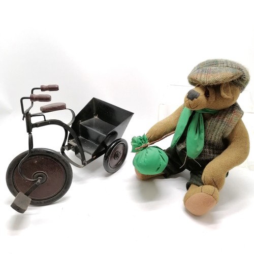 434 - Zena Arts : real Irish tweed one-off bear retailed by the Real McCoy Ballymena sat on a tricycle - h... 