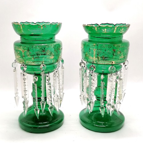 442 - Pair of antique green lustre vases with double row of drops - 31cm high - 1 a/f repaired to top and ... 