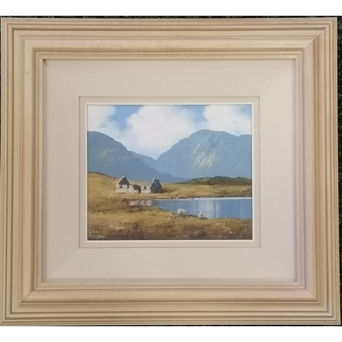 444 - 1999 (deep) framed oil painting on canvas of Famine Cottage, Roundstone Bog, Connemara by Eileen Mea... 