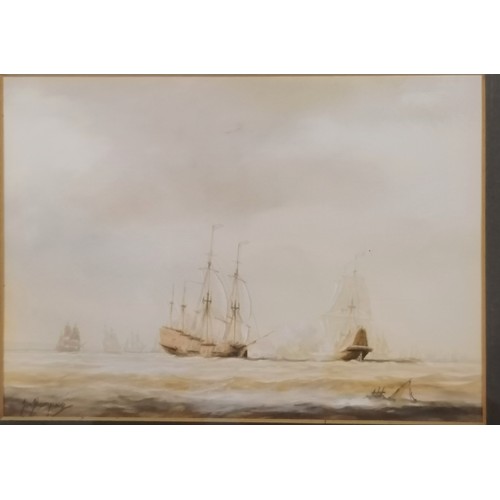 445 - 2 x framed watercolour paintings of ships at sea (Dutch boat at Torpoint & An Armada action) by Jim ... 